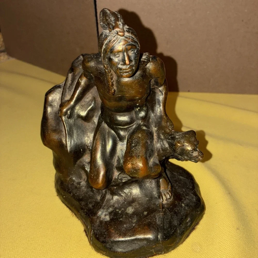 Vintage Bronze Native American Indian Hunting with Dog Book Bookend